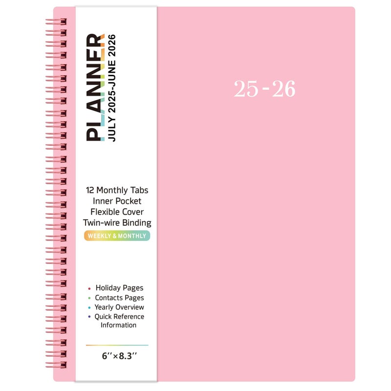 Vondafe 2025-2026 Academic Planner - Academic Planner 2025-2026, July 2025 - June 2026, 6.2"" x 8.3"", Flexible Cover, A5 Thick Paper, Twin-Wire Binding - Pink - Image 1